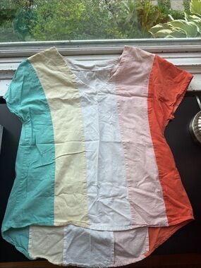 Short Sleeve Multi-Stripe V-Neck Tee in Aqua, Cream, White, Blush & Coral